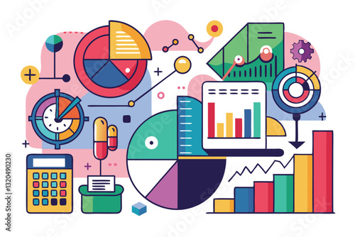 A vibrant graphic featuring diverse charts, graphs, and calculators representing data analysis concepts, Statistics Customizable Disproportionate Illustration