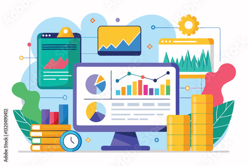 A colorful statistics dashboard displays various graphs and charts for insightful data analysis, Statistics Customizable Flat Illustration