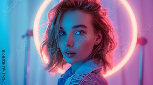 A young woman poses, bathed in the ethereal glow of a ring light, accentuating her striking features and gaze.