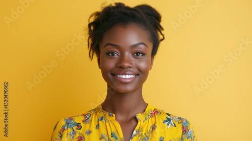 A vibrant African American woman wearing a yellow floral dress and smiling against a bright yellow background, giving a joyful and energetic vibe.
