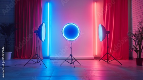 Professional ring light setup in vibrant studio at night