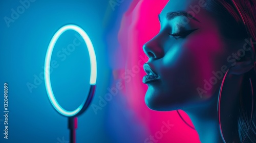Captivating portrait of a young woman illuminated by a selfie ring light