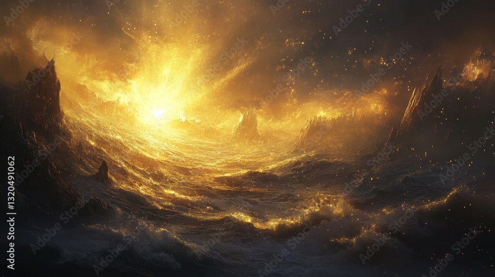 Obraz premium Golden light radiates outward, sending waves of shimmering particles into the deep, mysterious darkness.