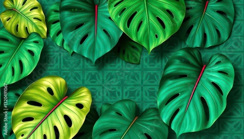 Wallpaper Mural Large monstera deliciosa leaves & teal geometric patterned wallpaper, apartment, botanical Torontodigital.ca