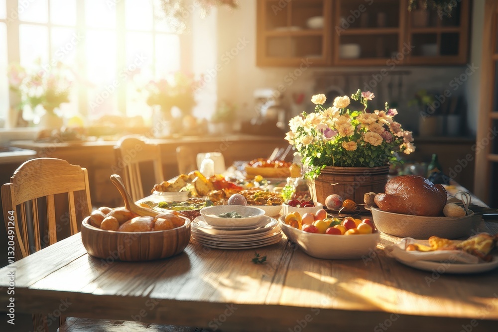 Sunlit Rustic Kitchen Table Abundant Thanksgiving Dinner Sunlit Rustic Kitchen Table Abundant Thanksgiving Dinner