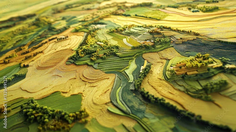 Green rice paddies and golden wheat fields arranged in an intricate patchwork, forming a breathtaking rural landscape from above. Green rice paddies and golden wheat fields arranged in an intricate patchwork, forming a breathtaking rural landscape from above.
