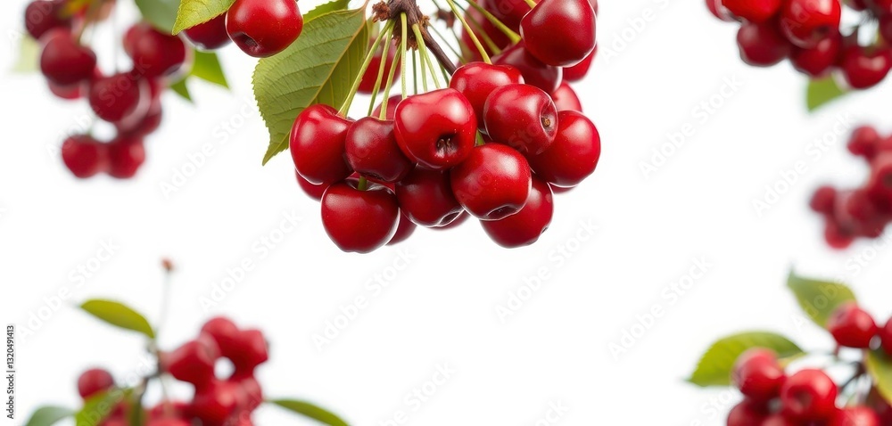 Luscious red cherries clustered on a branch against a pure white backdrop, illustration, plant Luscious red cherries clustered on a branch against a pure white backdrop, illustration, plant