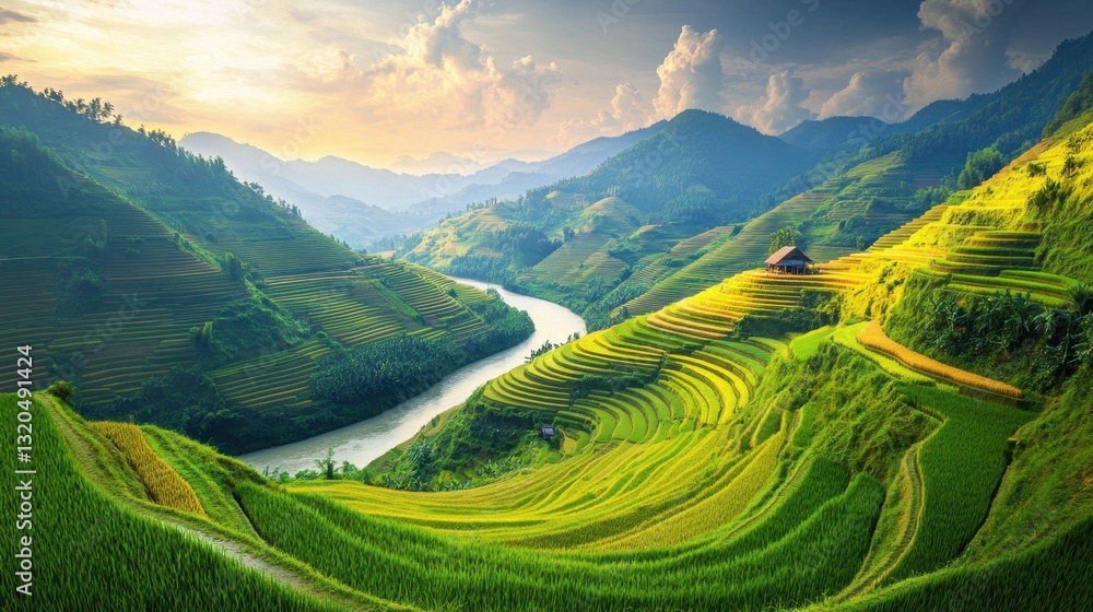 Green rice paddies and golden wheat fields arranged in an intricate patchwork, forming a breathtaking rural landscape from above. Green rice paddies and golden wheat fields arranged in an intricate patchwork, forming a breathtaking rural landscape from above.