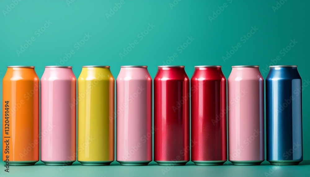 Fototapeta premium a vibrant display of colorful aluminum cans arranged in a row showcasing various hues of pink blue red and yellow against a soothing turquoise backdrop