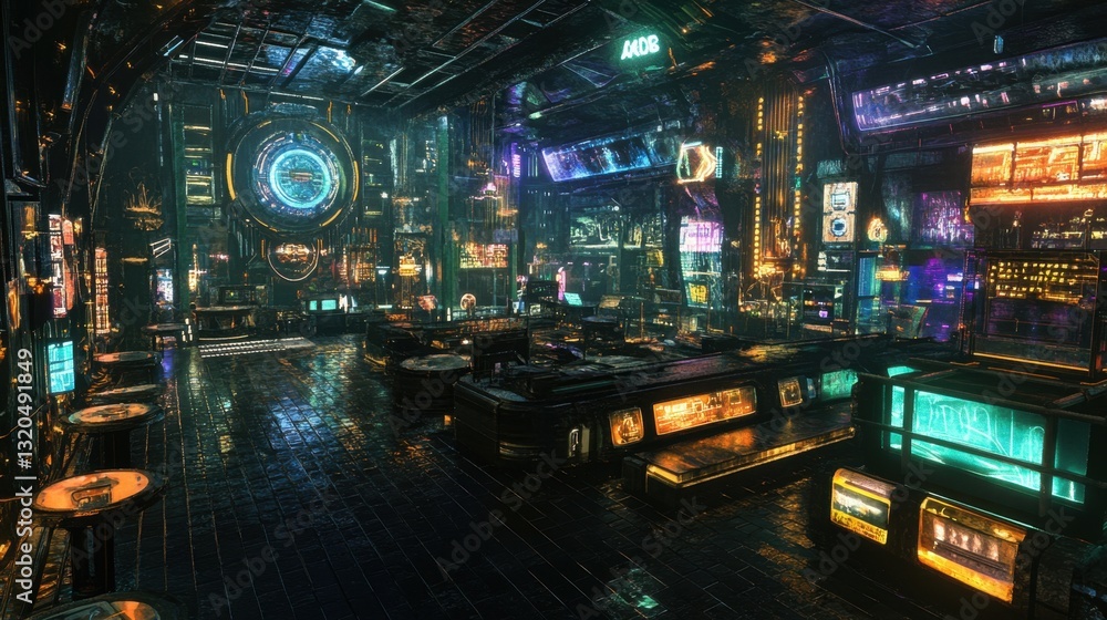 Obraz premium High-energy cyberpunk scene with dynamic neon lights, glowing grids, and futuristic depth in a 3D-rendered space.