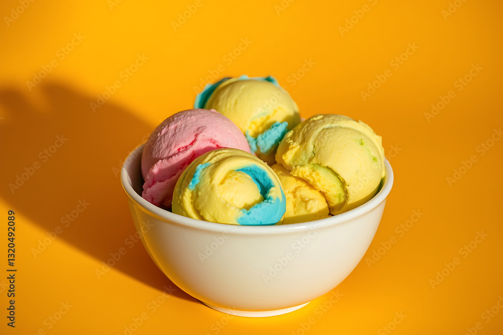Fototapeta premium Ice cream scoops in a bowl stock-image, featuring a variety of creamy, colorful ice cream scoops piled high, offering a perfect indulgence for dessert lovers, with rich textures and vibrant hues creat