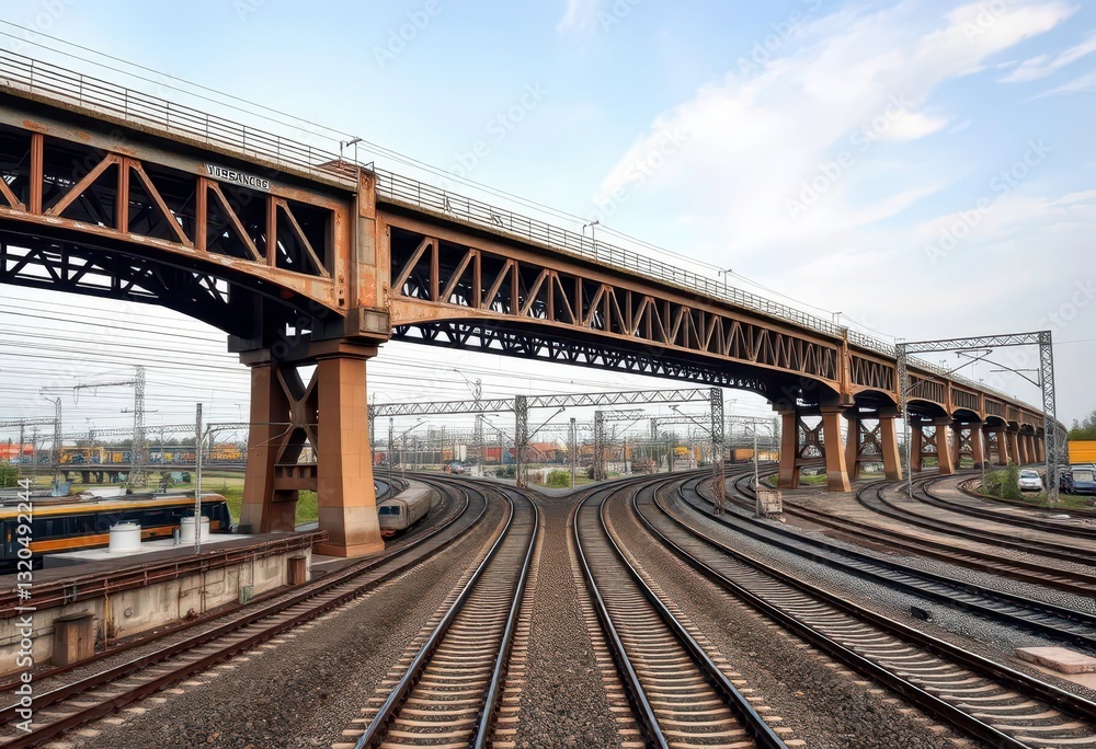 Massive steel viaduct arches over busy railway tracks, industrial grit, image, weathered Massive steel viaduct arches over busy railway tracks, industrial grit, image, weathered