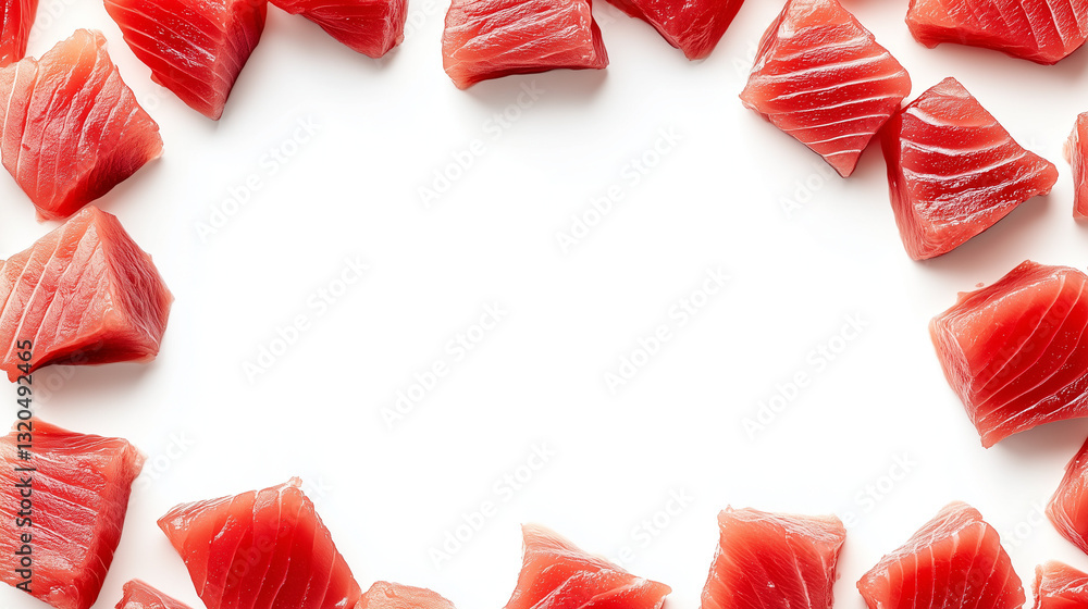 Tuna fish pieces frame with blank space for text. To celebrate World Tuna Day on May 2