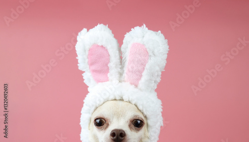 Close up image of eyes and nose of hy brown  short hair chihuahua dog, wearing rabbit ears  costume on pink  background