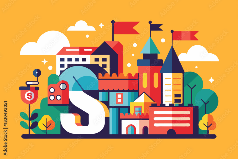 Obraz premium A vibrant cityscape features various structures, trees, and banners in a playful design against a bright background, Staying in Customizable Flat Illustration