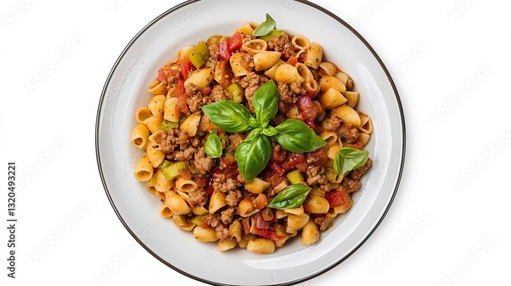 Delicious Pasta Dish Topped with Minced Meat Sauce and Fresh Basil Garnish Delicious Pasta Dish Topped with Minced Meat Sauce and Fresh Basil Garnish