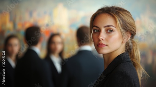 Wallpaper Mural A confident businesswoman, her gaze unwavering, stood poised in a modern office, her colleagues gathered in the background, a symphony of professionalism and teamwork. Torontodigital.ca