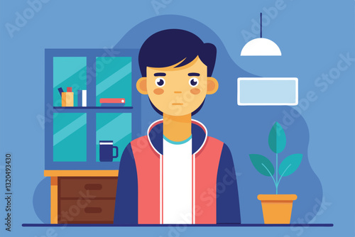 A young individual sits at a desk, surrounded by a plant, bookshelves, and decorative items in a cozy space, Staying in Customizable Semi Flat Illustration