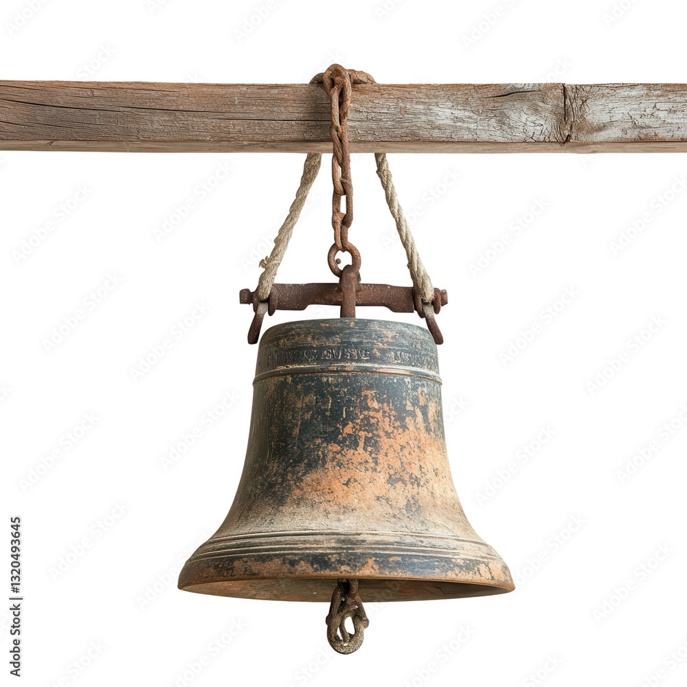 Fototapeta premium Rustic Bell's Timeless Echo: An antique bell, weathered by time, hangs suspended from a weathered wooden beam, its rustic charm and historical significance immediately apparent.