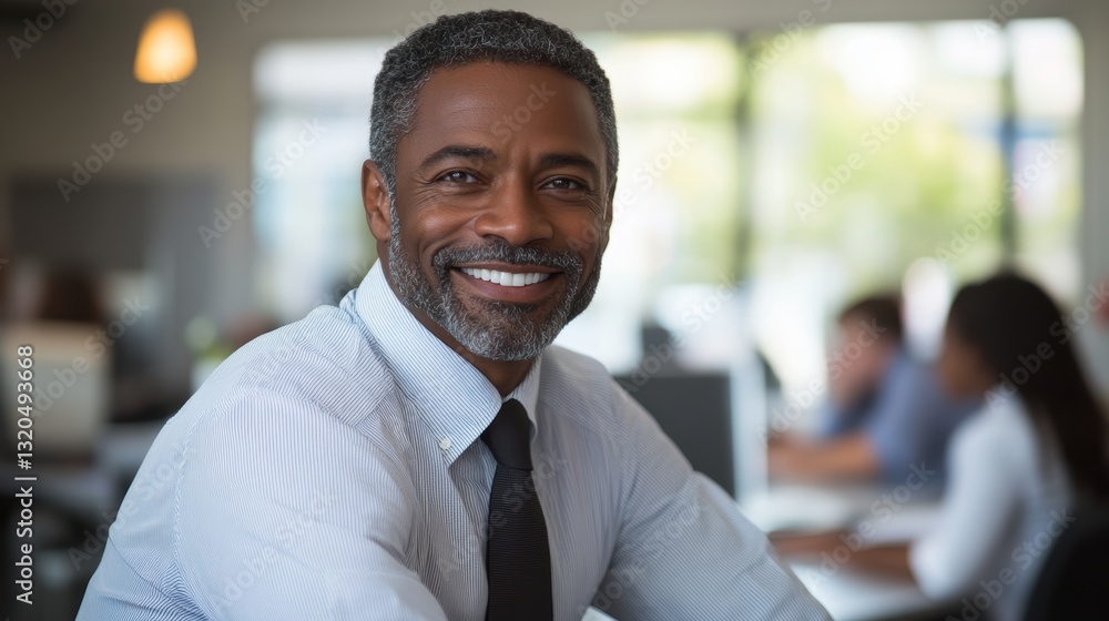 A smiling businessman, his shoulders relaxed and his gaze directed towards his attentive team, leaned against an imposing office desk, a symbol of success and collaboration, as his colleagues, a A smiling businessman, his shoulders relaxed and his gaze directed towards his attentive team, leaned against an imposing office desk, a symbol of success and collaboration, as his colleagues, a