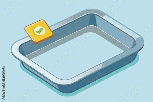 A sleek steel baking tray sits on a pastel background, adorned with a bright sticker, perfect for cooking, Steel baking tray, Sticker for social networks and messengers