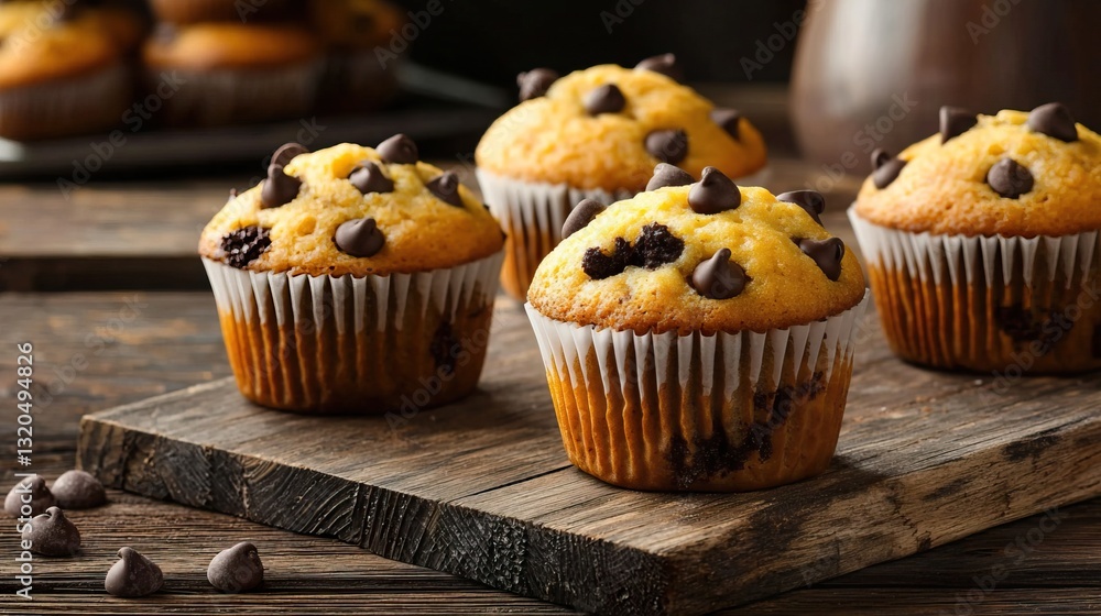 Close-Up Shot of Several Moist Chocolate Chip Muffins on Rustic Wooden Surface Close-Up Shot of Several Moist Chocolate Chip Muffins on Rustic Wooden Surface