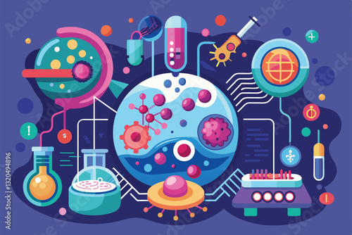 An engaging illustration showcases various tools and cells involved in stem cell research in a lab, Stem-cell research Customizable Semi Flat Illustration