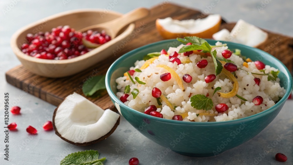 Delicious Coconut Rice with Pomegranate and Mint Garnish Healthy Food Delicious Coconut Rice with Pomegranate and Mint Garnish Healthy Food