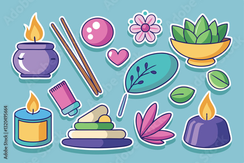 A collection of colorful stickers representing hot stones, aroma sticks, and elements for relaxation, Stickers with massage, hot stones and aroma sticks,