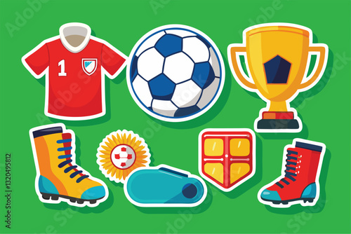 A collection of vibrant stickers showcasing soccer boots, a ball, a trophy, and uniform, perfect for fans, Stickers with soccer uniform, boots, ball, trophy, goalkeeper gloves and field,