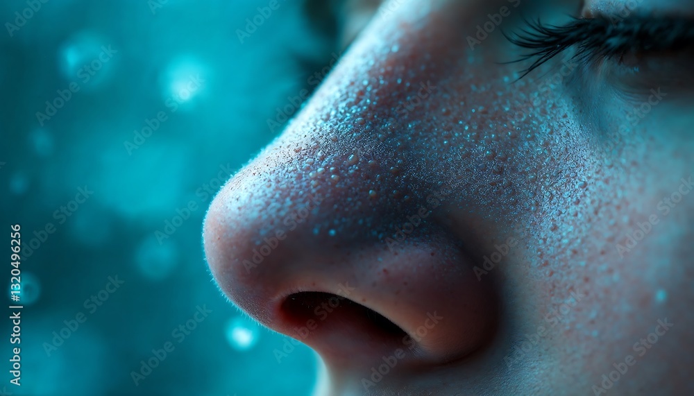 Fototapeta premium Close-up of Human Nose and Skin Texture with Water Droplets Detail