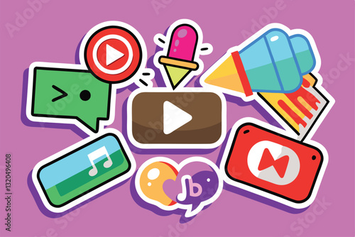 A collection of playful stickers representing social media, including various icons and a play button, Stickers, Youtube, Social Media Interface Stickers, Sticker Set,