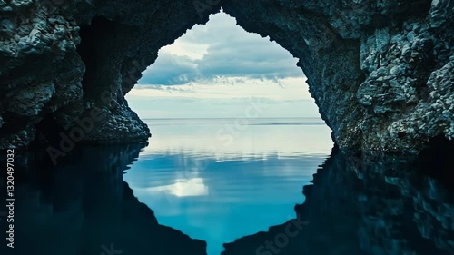 Wallpaper Mural Tranquil view through natural rock arch revealing calm sea and cloudy sky at peaceful coastal location Torontodigital.ca