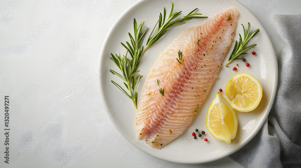 Stunning Top Down View of Fresh Lemon Herb Tilapia on White Plate with Green Garnish Stunning Top Down View of Fresh Lemon Herb Tilapia on White Plate with Green Garnish