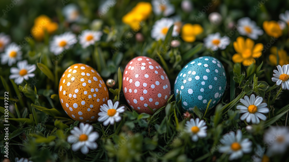 Hand-painted Easter eggs in a blooming spring meadow Hand-painted Easter eggs in a blooming spring meadow