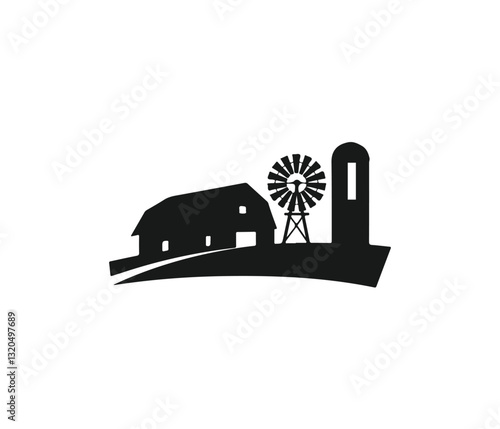 Farm scene with barn and tractor, perfect for agricultural themes. This stylized graphic depicts a picturesque farm scene, featuring a red barn, a small house, a tractor, and rolling fields.