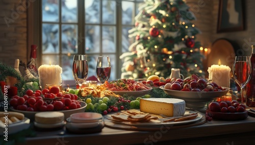 Wallpaper Mural Festive Christmas dinner table by window with snowy view Torontodigital.ca