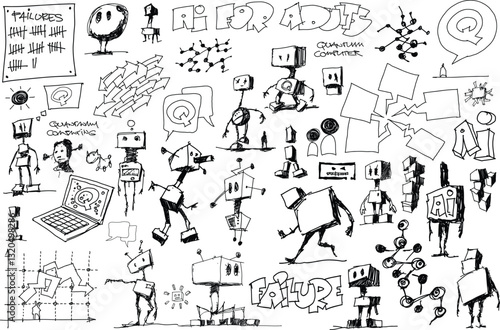 hand drawn architectural sketches of artificial intelligence topics and robots and network structures and arrow and business graphs and quantum compters