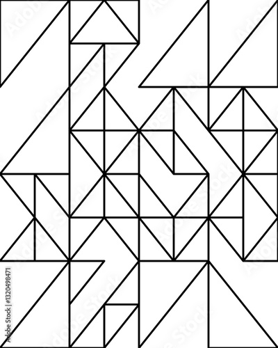 Abstract black and white geometric pattern featuring various overlapping triangles and shapes arranged in a complex design.