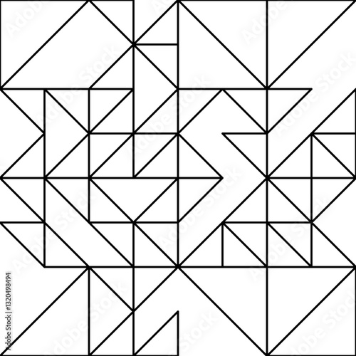 An abstract, geometric pattern formed by interconnected black triangles on a white background, creating a dynamic and intricate design.