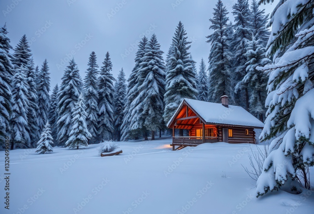 Snow-dusted cabin nestled amongst tall pines in a peaceful winter wonderland, rustic, mountain Snow-dusted cabin nestled amongst tall pines in a peaceful winter wonderland, rustic, mountain