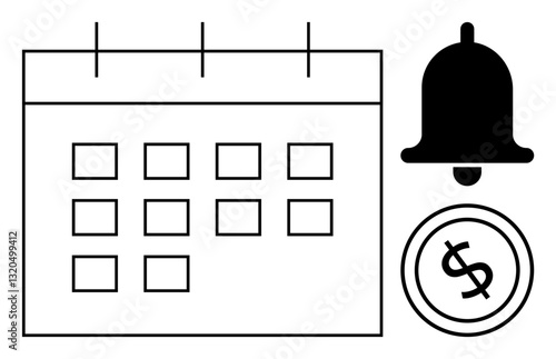 Calendar grid, bell, and dollar sign coin for planning deadlines, reminders, and budget management. Ideal for productivity, finance, organization, scheduling savings time tracking flat simple