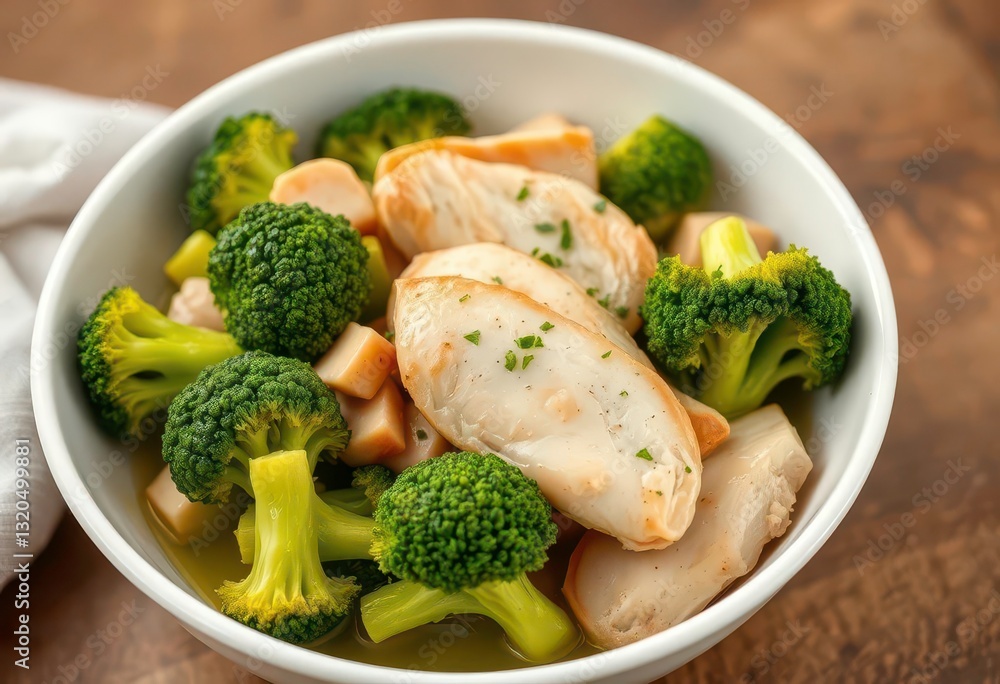 Steamed chicken breast and broccoli florets in a white bowl , healthy recipe, light Steamed chicken breast and broccoli florets in a white bowl , healthy recipe, light