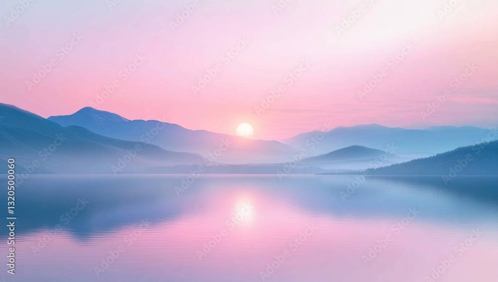 Fototapeta premium Peaceful Sunrise Over Misty Mountains Reflecting in Calm Lake