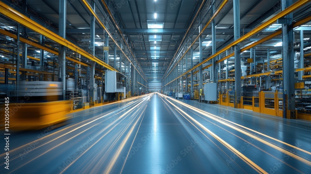 A long exposure captures the bustling activity within a modern warehouse, where motion blur blurs the workers and machinery as they navigate the vast space, highlighting the dynamism of industrial A long exposure captures the bustling activity within a modern warehouse, where motion blur blurs the workers and machinery as they navigate the vast space, highlighting the dynamism of industrial