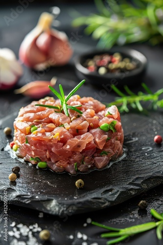 Fototapeta Naklejka Na Ścianę i Meble -  Fresh tuna tartare with herbs and peppercorns on rustic slate plate