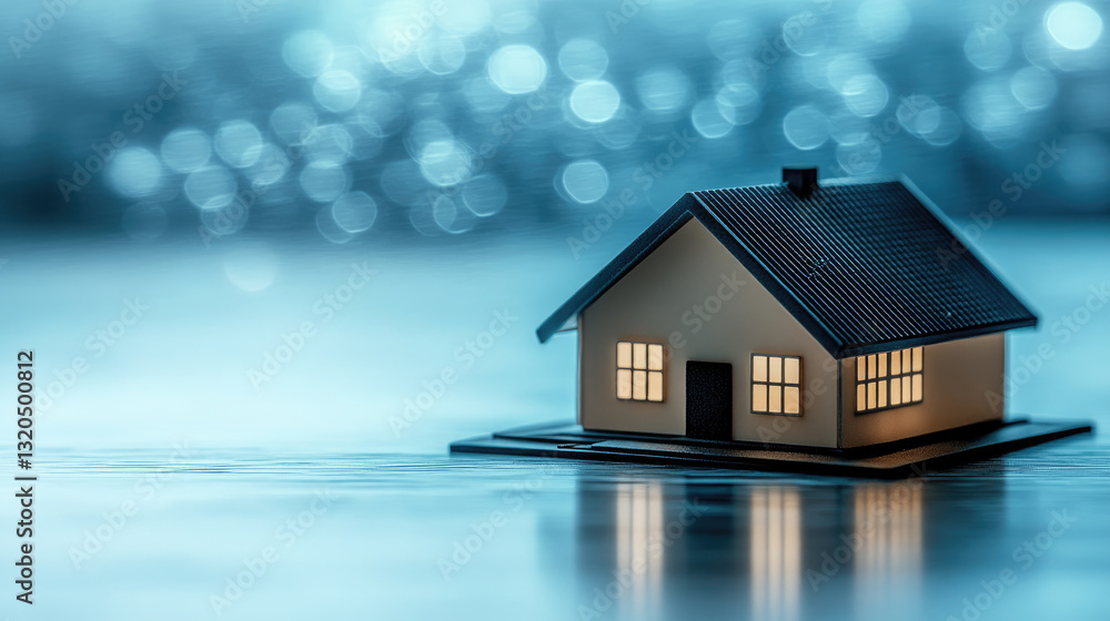 Floating miniature house in serene water with bokeh background tranquil environment close-up view concept of home and safety Floating miniature house in serene water with bokeh background tranquil environment close-up view concept of home and safety