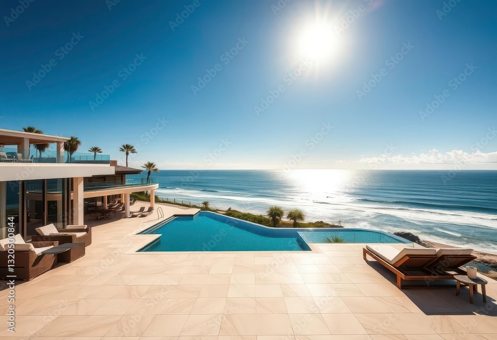 Sun-drenched beachfront mansion, expansive ocean views, turquoise water, resort Sun-drenched beachfront mansion, expansive ocean views, turquoise water, resort