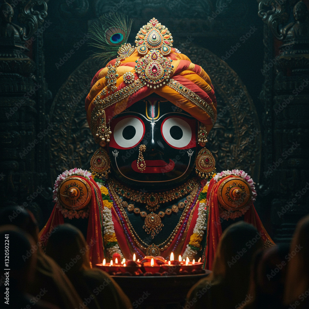 Fototapeta premium Lord Jagannath Idol in Temple - Divine Blessing and Reverence