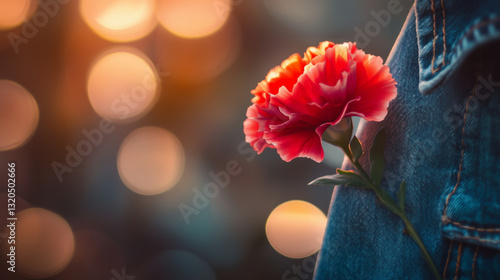A vibrant red carnation on denim, symbolizing solidarity and strength in labor.